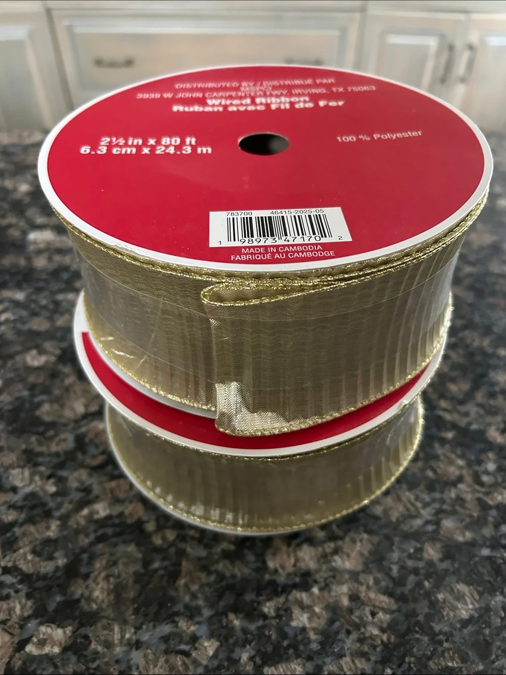 CELEBRATE IT JUMBO WIRED GOLD EDGE RIBBON 2.5 x80 FT LOT OF 2 NWT